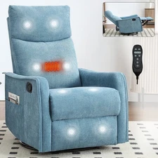 Heat Massage Recliner Chair – Rocker, Swivel, Fabric, Blue for Living Room
