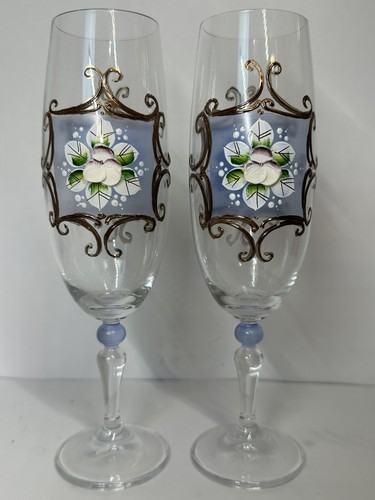Crystal Glass Champagne Flute Raised Hand painted Pink Flowers Gold Details 7oz - Picture 12 of 15