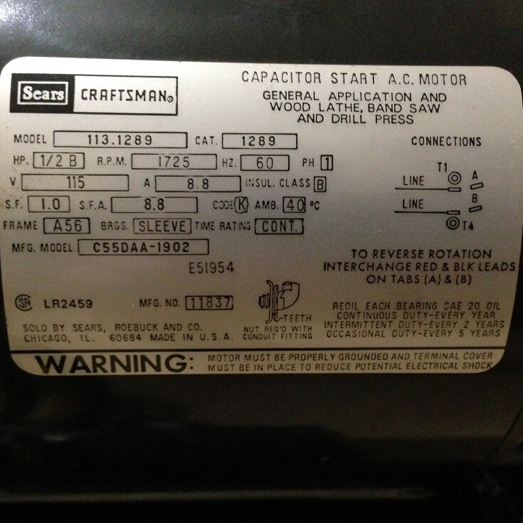 Sears Craftsman Capacitor Start AC Motor & Pulley Lathe Band Saw Drill