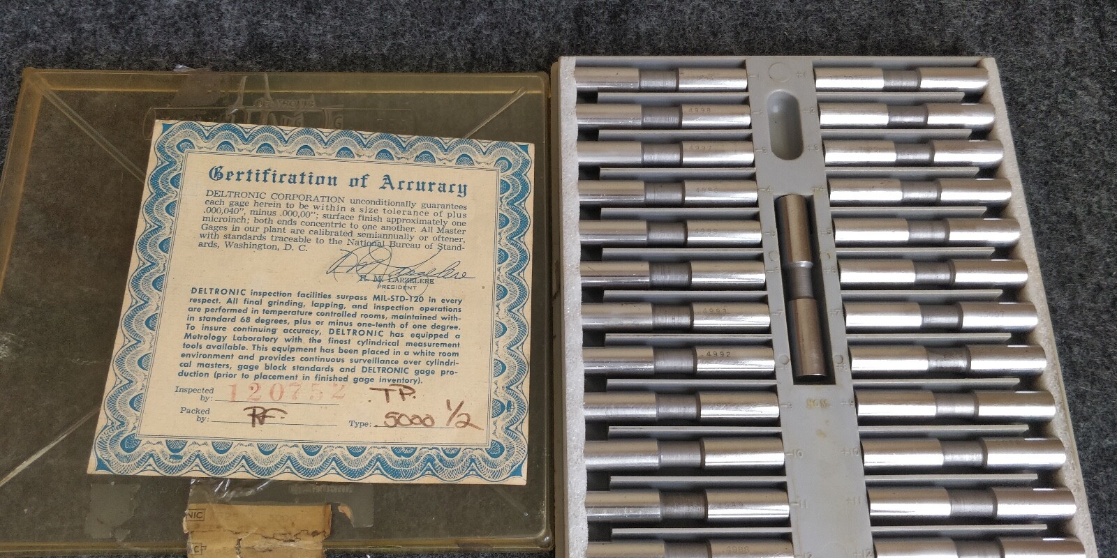 Deltronic .5000” 1/2" Gage Pin Set Comple Set +.0012 -.0012