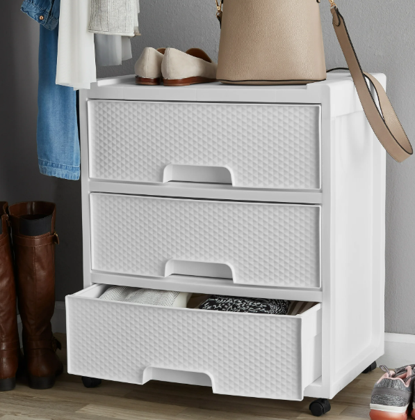 Mainstays 3 Drawer Wide Diamond Arctic White Plastic Storage Cart