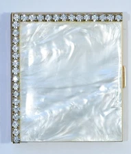 Vintage MCM Mother of Pearl Rhinestone Powder Compact Mirror & Case w/ Box 2.75"