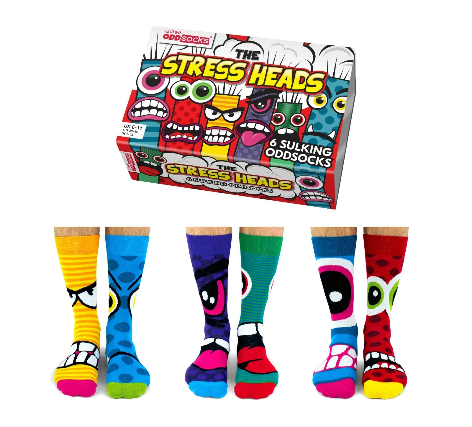 United Oddsocks Stress Heads 6 Odd Socks Gift Box - Mens Size 6-11