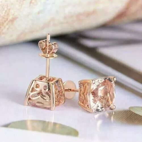 14K Rotgold plattiert Solitär Lab Created Morganit 2Ct Kissen Ohrstecker - Bild 8 von 10
