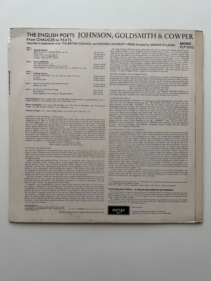Johnson Goldsmith Cowper Neville Rylands Squire LP Argo Mono EX Import Poetry - Image 2 of 4
