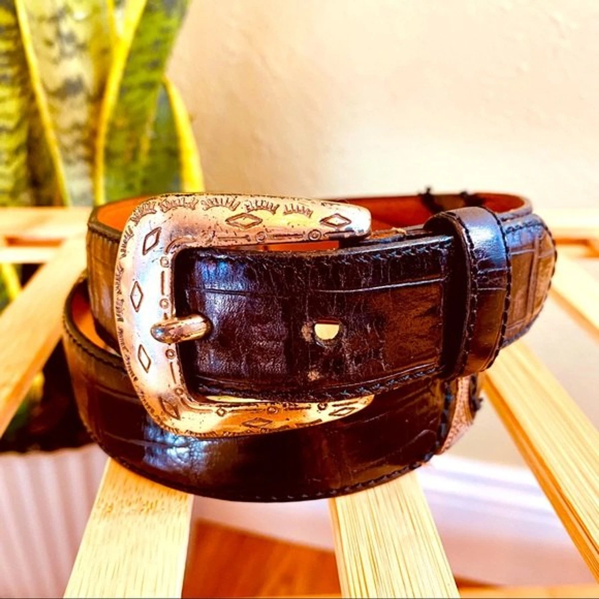 Vintage Western FOSSIL Silver Black Leather Belt Cowboy Rodeo Festival Medium