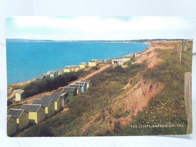 Barton on Sea Hampshire Vintage Postkarte Strandhütten & Cafe auf der Klippe um 1970