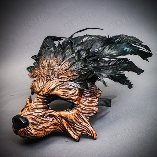 Brauner wilder Wolf Maskerade Maske mit Feder Halloween Kostüm Party Cosplay - Bild 3 von 3