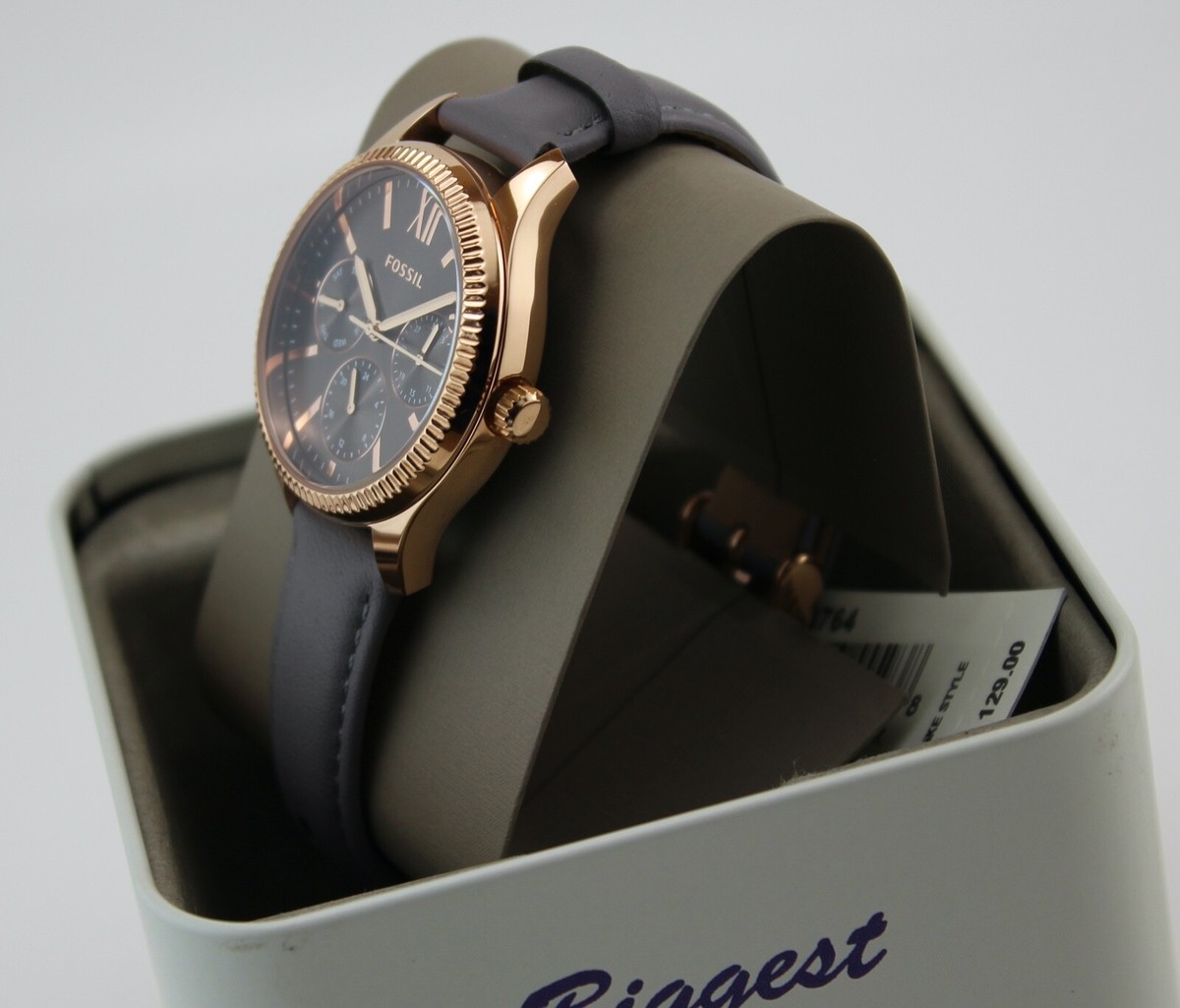 NEW AUTHENTIC FOSSIL RYE MULTIFUNCTION ROSE GOLD GREY LEATHER 