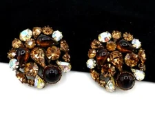 Vtg Unsigned Schreiner Browns & Topaz Rhinestone & Cabochon Clip Earrings