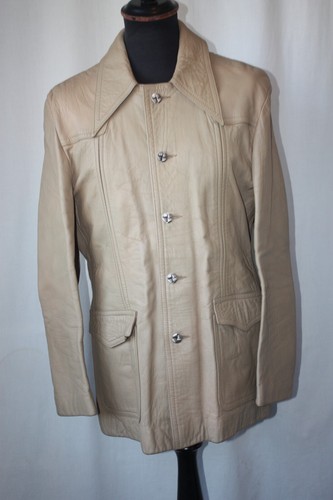 Giacca pelle vintage anni 70 beige colletto pugnale taglia media funky mod soul revival - Foto 2 di 15