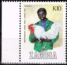 Sello de gallo de pollo aves de granja fauna de Zambia 1986 MNH A-12