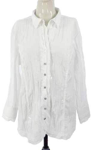 White Shirt Canda Vintage Textured Silver Flower Embroidery Sequined Size L - Picture 3 of 10