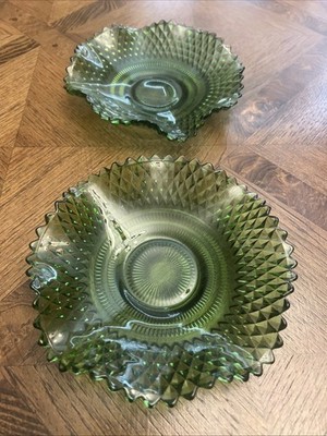 Two Indiana Green Glass Diamond Point Ruffled Edge Dish - Vintage - Excellent!