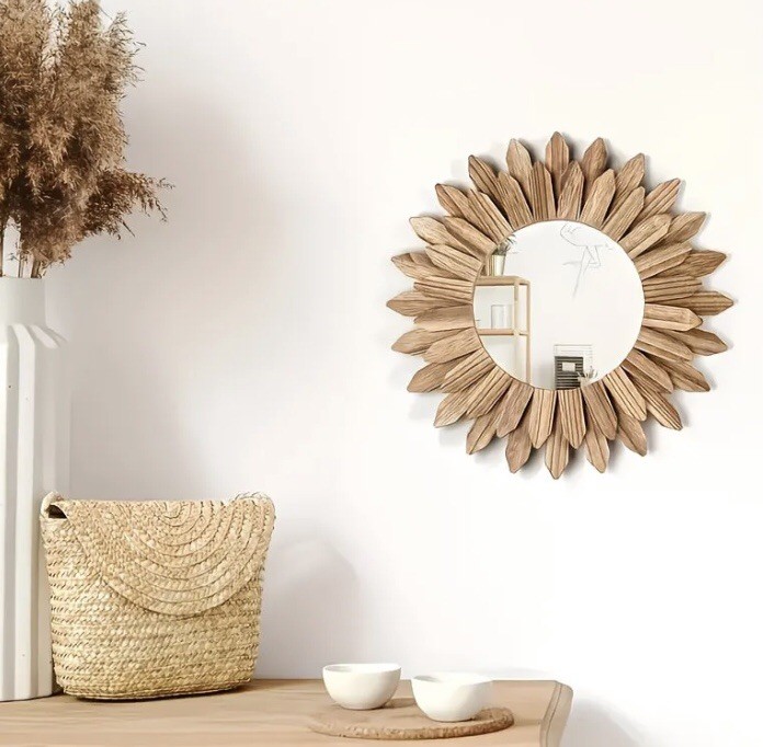 Miroir mural tournesol en bois 60cm déco maison pour salon bohème et jardin d'hiver rustique