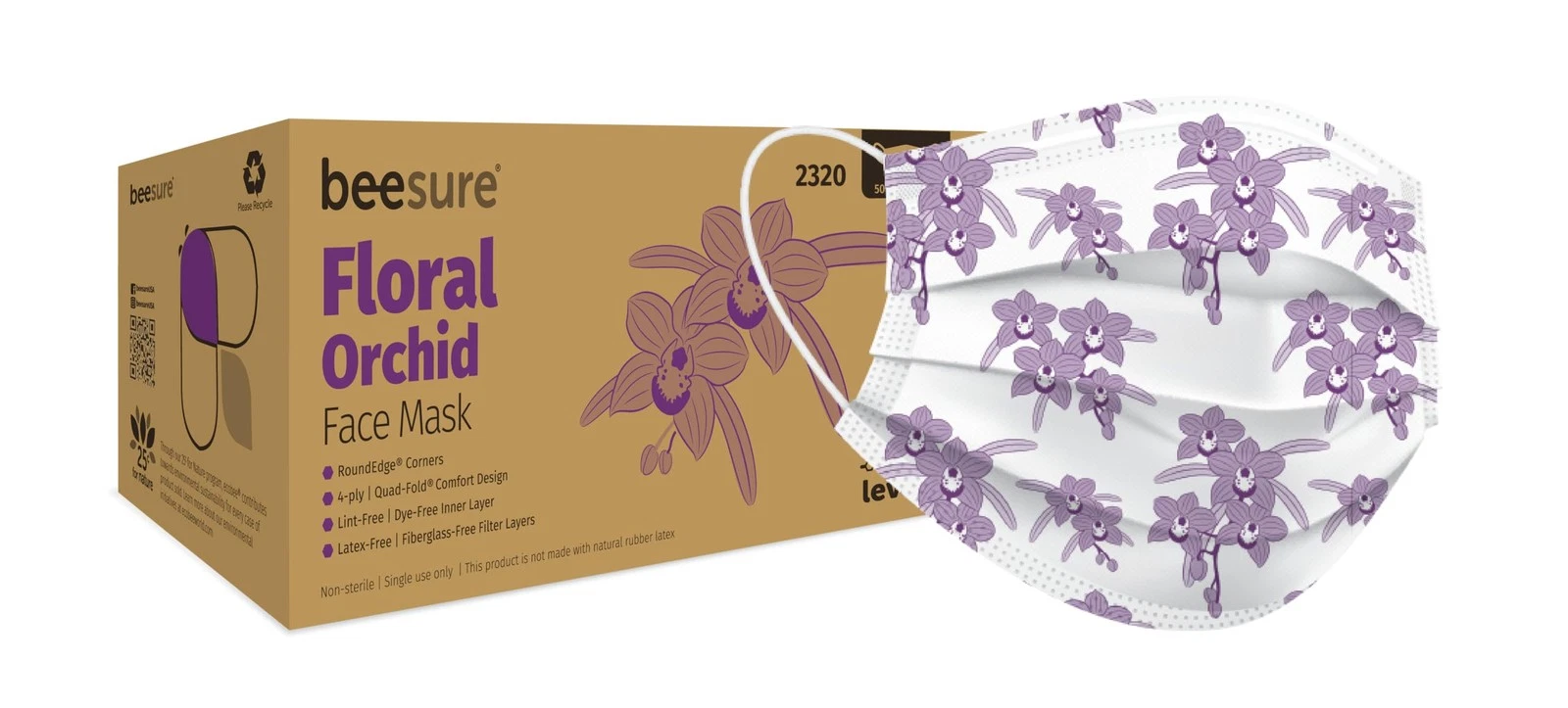 Beesure Orchid Purple Face Masks 50 Pack Latex Free Astm Level 2 Comfort Design