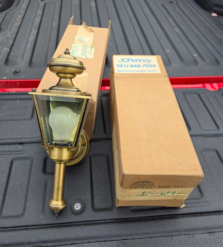 Vintage JC Penny Weathered Brass Wall Lantern Pair USA Made Outdoor Hardwired