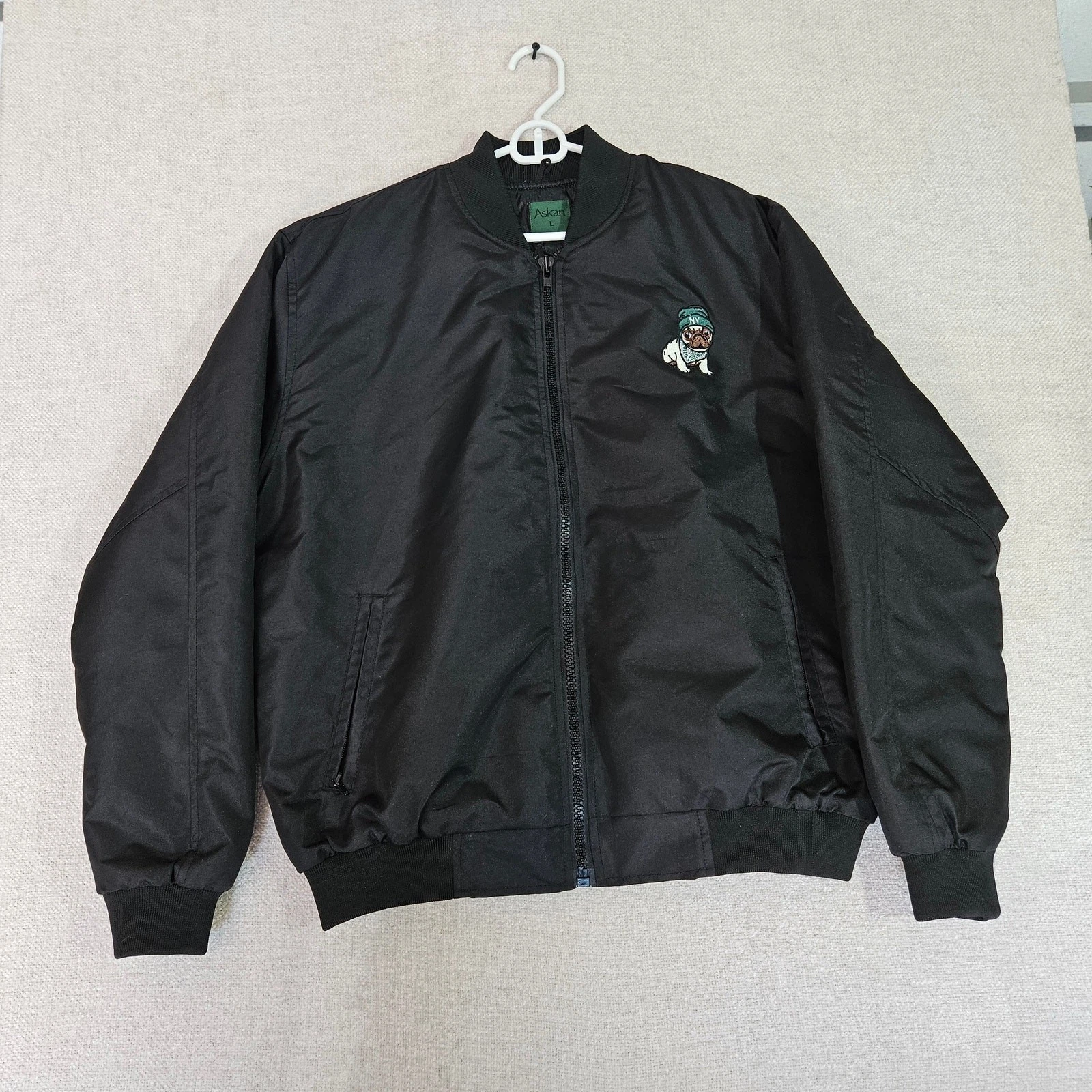 Mens Askan NYC Black Bomber Jacket Puppy Embroidery Large Streetwear