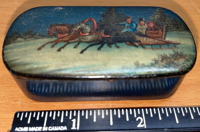 Vintage 60's Hand Painted Miniature  Russian Lacquer Box Fedoskino Sleigh Scene