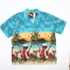 Island Aloha Wear Men's Casual Button-Down Shirt 3XL Cotton Hawaiian Guitar Drum