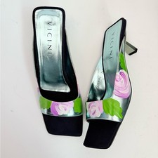 Vicini by Giuseppe Zanotti Y2K Black Metallic blue floral square toe mules EU 40