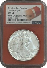 1986 (S) American Silver Eagle $1 Coin NGC MS69 Struck at San Francisco Mint