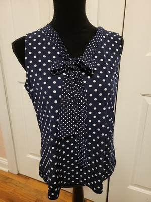 Diana Bell Top Sleeveless Blouse Size L Blue W/ White Polkadots 262-042