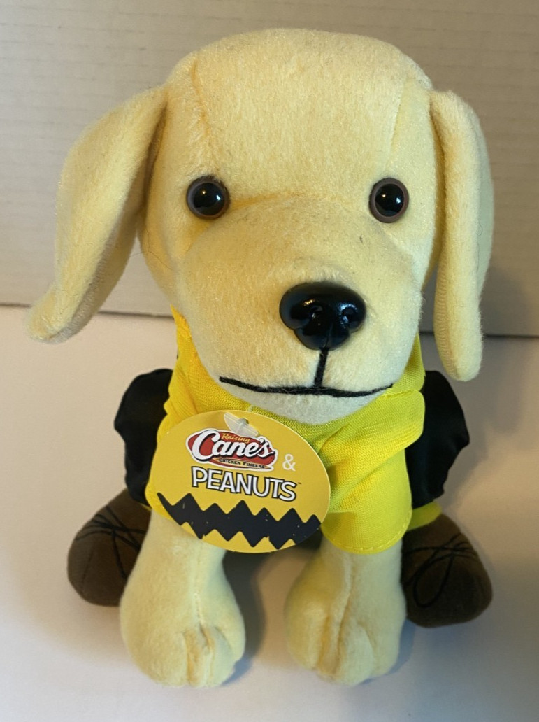 Raising Cane's Yellow Labrador dressed as snoopy Charlie brown Peanuts plush