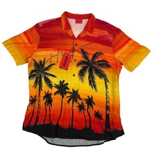 Camisa Hugo Boss Para Hombres Viscosa Calce Relajado Puesta de Sol Manga Corta Con Botones Roja XL