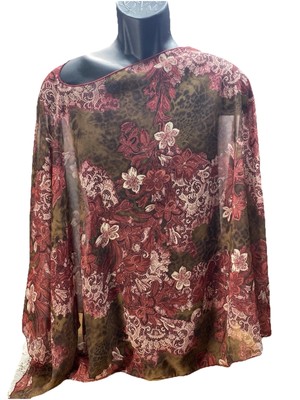 Emi & Joe Brown And Burgundy Roses 100% Polyester Sheer Plus Size One Size Top