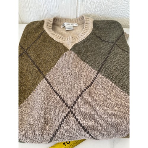 Geoffrey Beene, Vintage GEOFFREY BEENE Mens L G Argyle V Neck Sweater 100% Cotton Tan Green