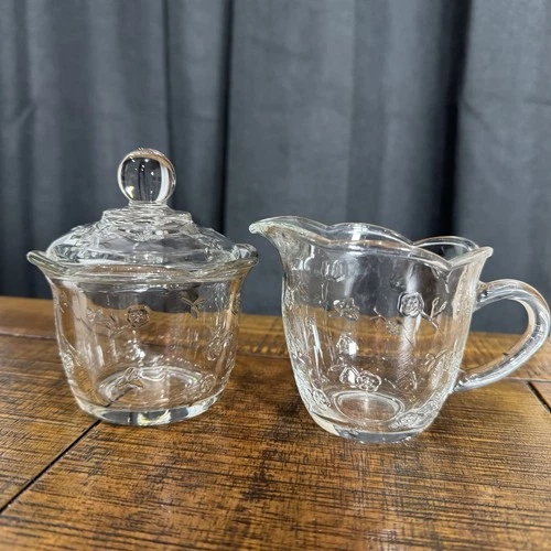 Vtg Anchor Hocking Savannah Sugar and Creamer Set CottageCore Shabby Chic EUC