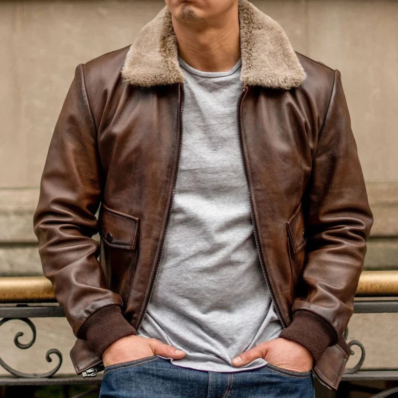 Men’s Brown Shearling Collar Leather Bomber Jacket Vintage Aviator Style Coat