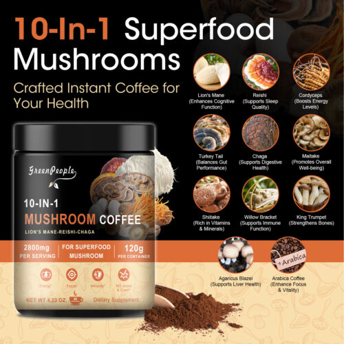 10 in 1 Mushroom Instant Coffee /Lion's Mane Reishi-Chaga/4.4 Oz/Best By 03/2027 - Picture 2 of 9