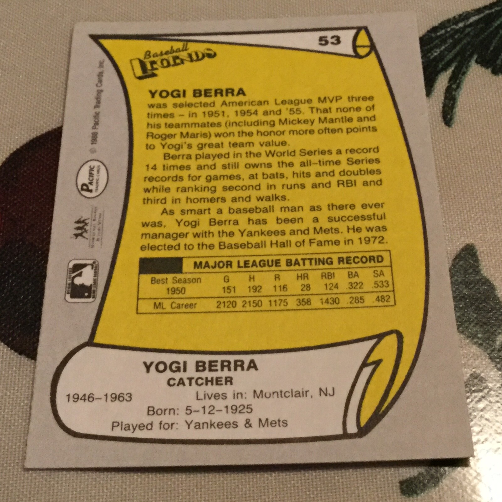 1988 Pacific Legends Yogi Berra Baseball Card New York Yankees HOF 53