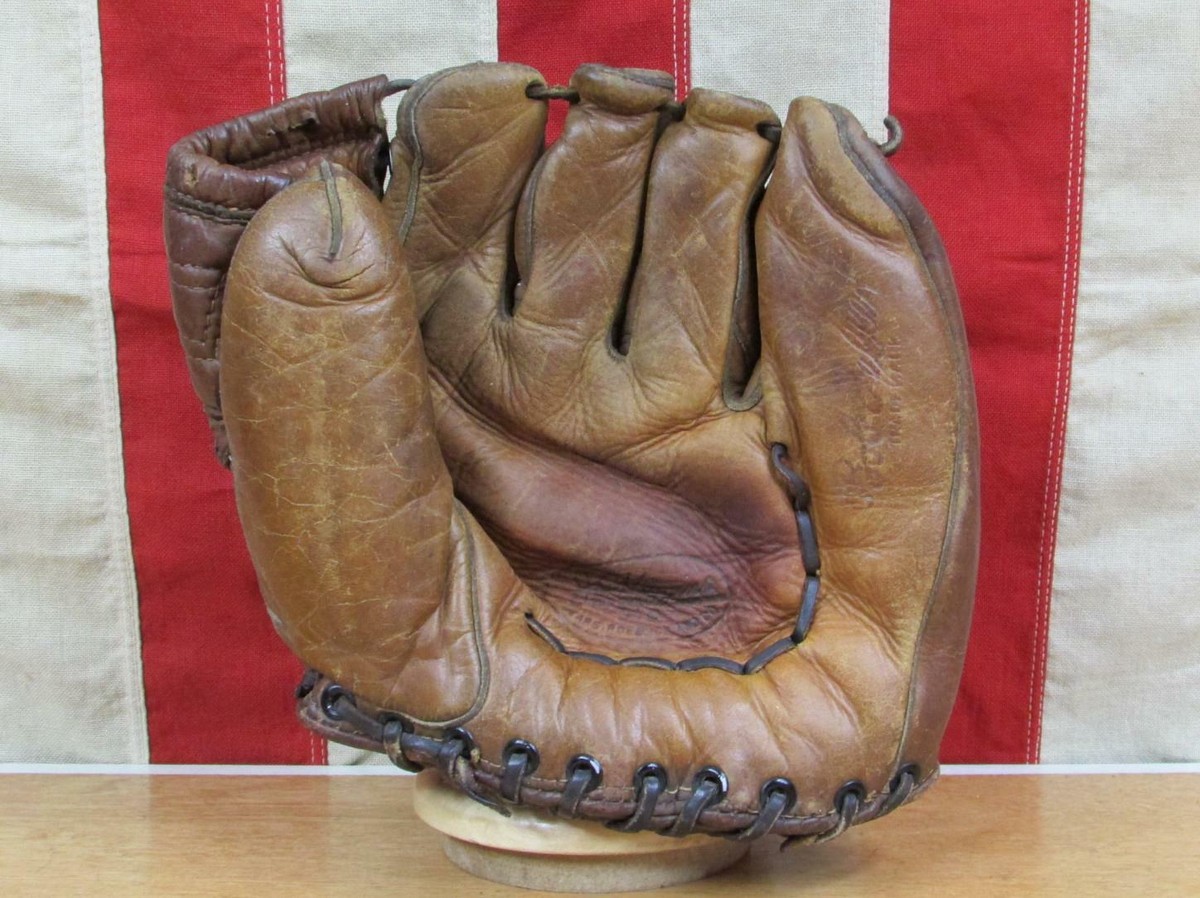 レア ヴィンテージ ストライプデザイン 木製 & レザー バスケット 1950s Vintage 1950s JC Higgins Leather Baseball Glove Mitt HOF Bob