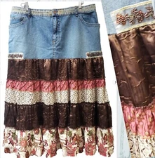 Venezia VTG Denim Jean Patchwork Beaded BOHEMIAN Western Country Ruffle Skirt~20