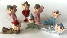 Set 7 Vtg Christmas Glitter Pixie Elf Figurines Ceramic Sparkle Ornaments Japan