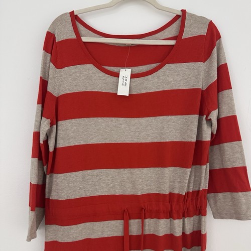 NEW Banana Republic Womens XL Cream Red 3/4 Sleeve Cotton Knit Dress Stripe - Picture 2 of 5
