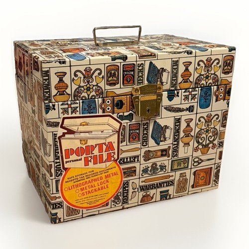 Retro 70s Ballonoff Metal Tin Home Porta File Box w/ Key 12-1/2 x 10 x 6–1/2 Vtg