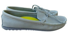 MINNETONKA WOMENS GRAY SOFT LEATHER MOCCASIN,FLAT DRIVING SHOES STITCH,SLIPPER 9