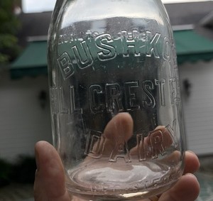 Bushko’s  Hill Crest Farm Dairy,  Embossed Round Qt milk bottle, Fleetville, Pa