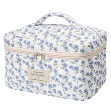 Large Makeup Bag, Cute Cosmetic Bag for Women Girls, Floral Blue Peacock Flower
