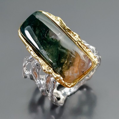 Fine Art natürlicher Moosachat Ring 925 Sterling Silber Größe 8 /R375364