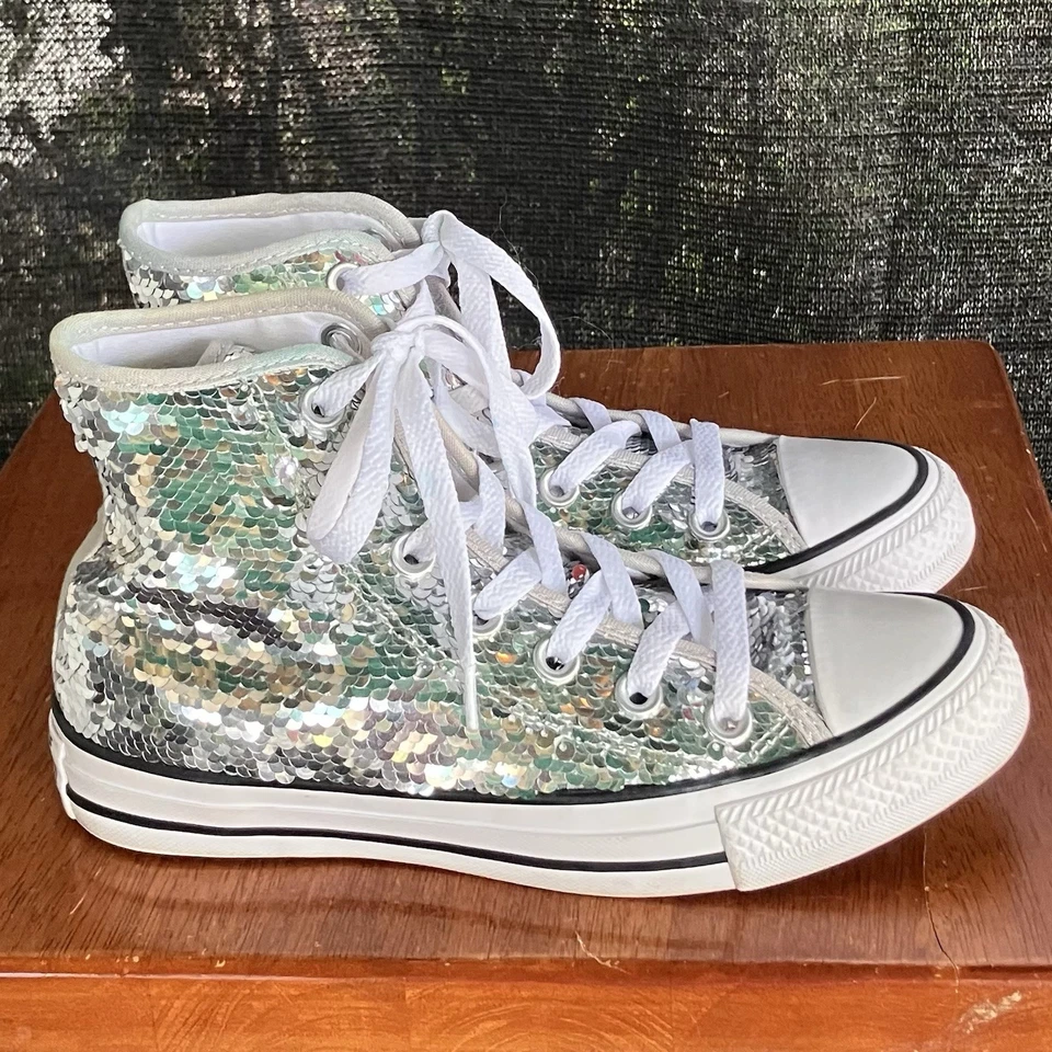 Top alto Converse All Star para mujer talla 5 plata lentejuelas estilo 557924C Foto 3 de 4