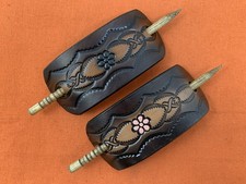 2 Leather Hair Barrettes w Sticks, Ponytail, Wide Flower Floral Handcrafted 372