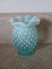 Vintage Fenton Aqua Blue Opalescent Hobnail Ruffled Edge Bud Vase