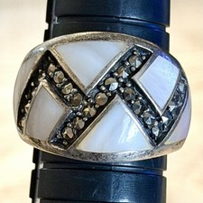 VTG Sterling Silver 925 Ring Mother Of Pearl Marcasite Designer Signed DBJ Sz 8