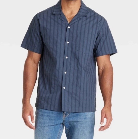 Men's Navy Dobby Striped Button Camp Shirt Pocket 100% Cotton Goodfellow Size L