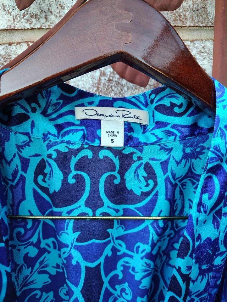 Oscar De La Renta 缎面花卉长带 2 个口袋长袍 S 码 — 第 3/4 张图片